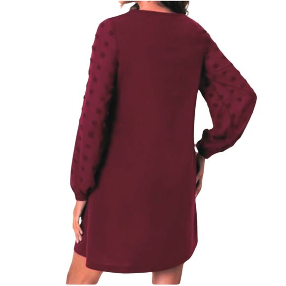 New Elegant Swiss Dot Sheer Long Sleeve A-Line Burgundy Mini Dress Large - Picture 10 of 13